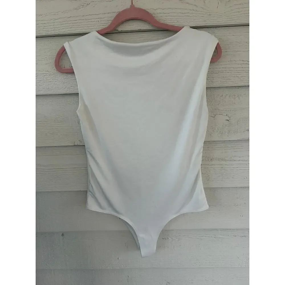 Live in the Moment White Sleeveless Bodysuit Size L Minimalist Stretch Tank Snap - Picture 7 of 7